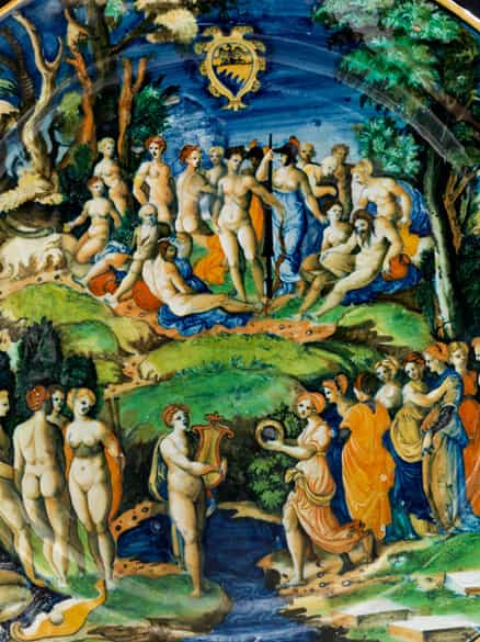 Detailabbildung: Museale, große Majolika-Platte aus der Werkstatt des Guido Durantino