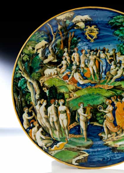 Detailabbildung: Museale, große Majolika-Platte aus der Werkstatt des Guido Durantino