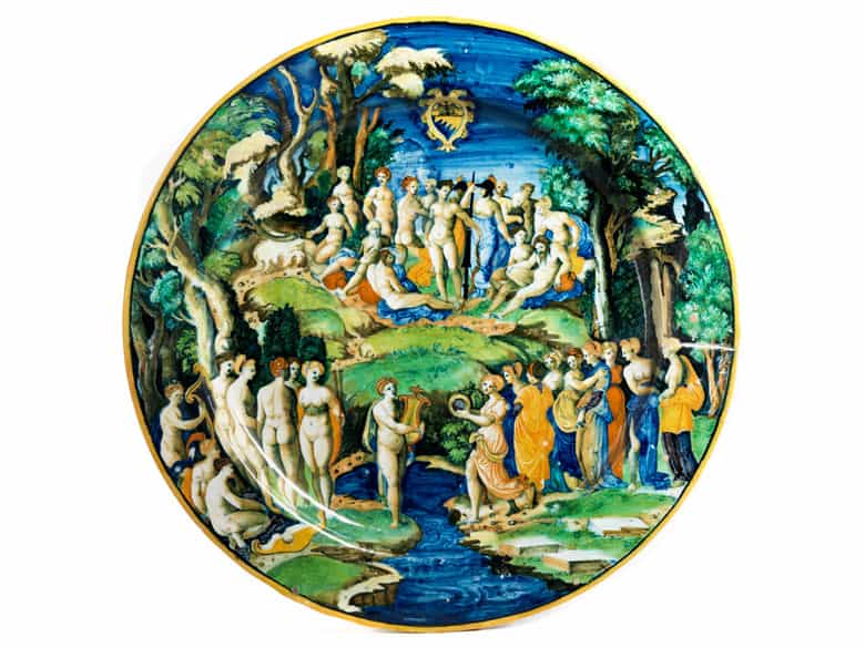 Detailabbildung: Museale, große Majolika-Platte aus der Werkstatt des Guido Durantino