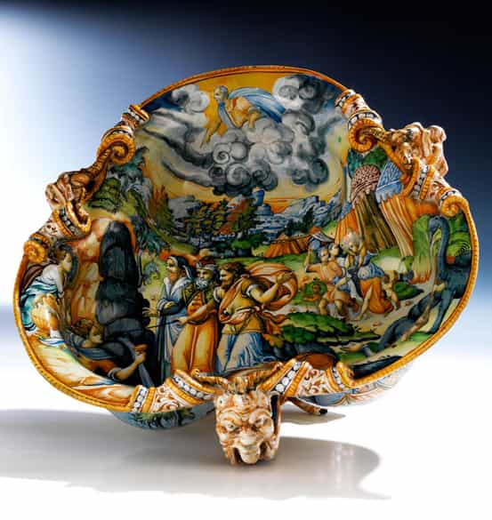 Detailabbildung: Paar große, seltene Majolika-Schalen, wohl aus der Werkstatt der Patanazzi