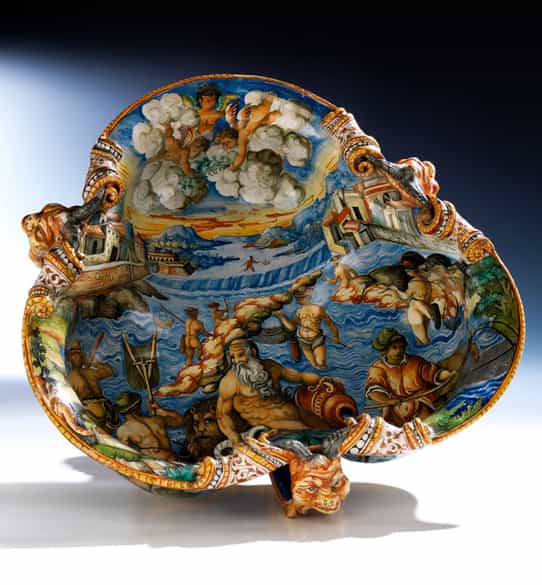 Detailabbildung: Paar große, seltene Majolika-Schalen, wohl aus der Werkstatt der Patanazzi