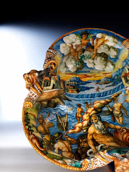 Detailabbildung: Paar große, seltene Majolika-Schalen, wohl aus der Werkstatt der Patanazzi