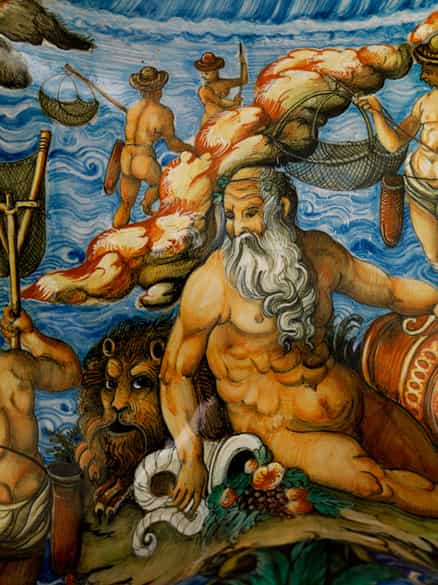 Detailabbildung: Paar große, seltene Majolika-Schalen, wohl aus der Werkstatt der Patanazzi