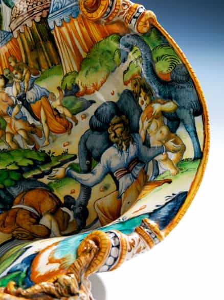 Detailabbildung: Paar große, seltene Majolika-Schalen, wohl aus der Werkstatt der Patanazzi