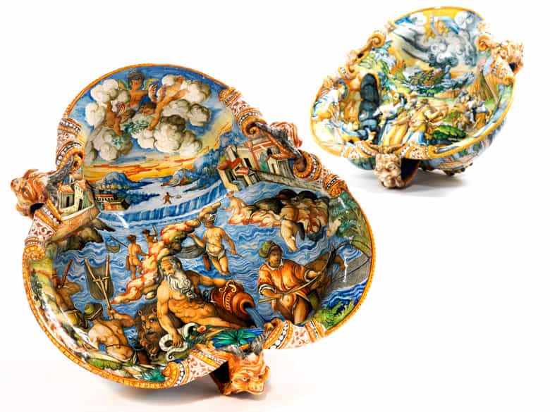 Detailabbildung: Paar große, seltene Majolika-Schalen, wohl aus der Werkstatt der Patanazzi