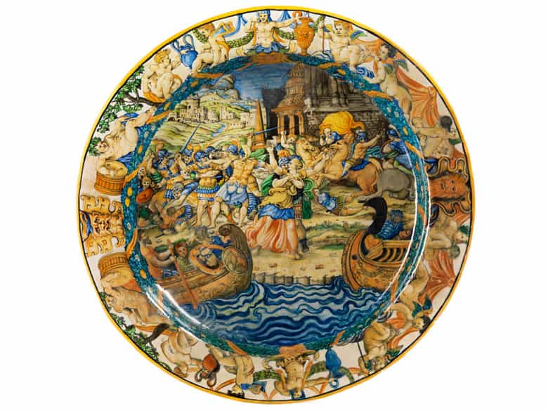 Detailabbildung: Große Majolika-Istoriato-Platteaus der Werkstatt der Fontana