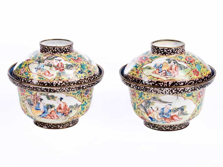 Detailabbildung:  Paar Email-Deckelschalen