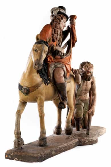 Detailabbildung:  Bedeutende, museale Schnitzfigurengruppe des Heiligen Martin