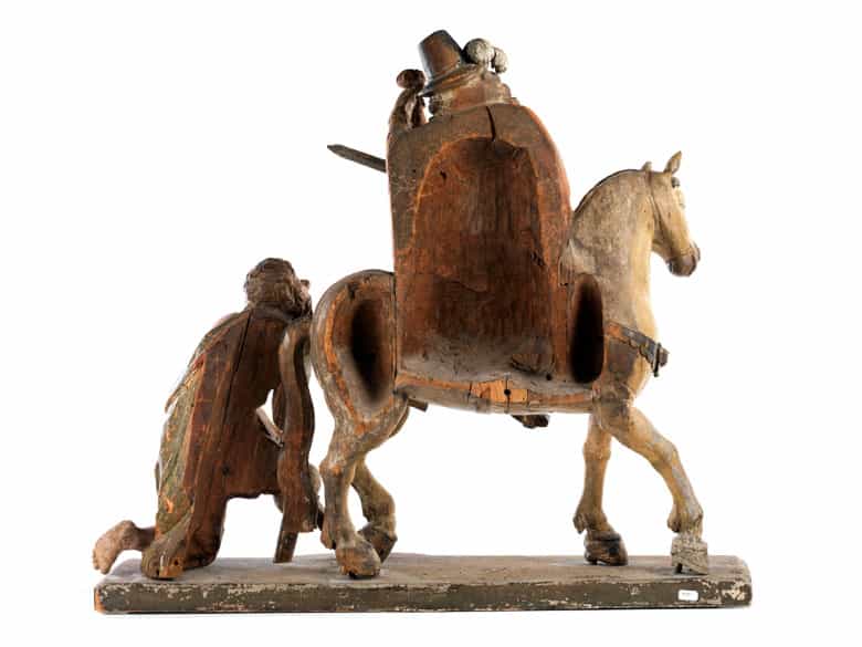 Detailabbildung:  Bedeutende, museale Schnitzfigurengruppe des Heiligen Martin
