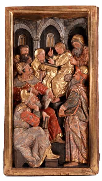 Detailabbildung:  Zwei Altarflügel eines Marienaltars mit Hochreliefdarstellungen