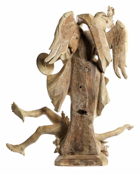 Detailabbildung:  Geschnitzte und gefasste Figurengruppe des Heiligen Michael im Kampf gegen den Satan
