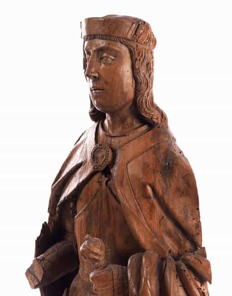 Detailabbildung:  Schnitzfigur eines Heiligen im Harnisch