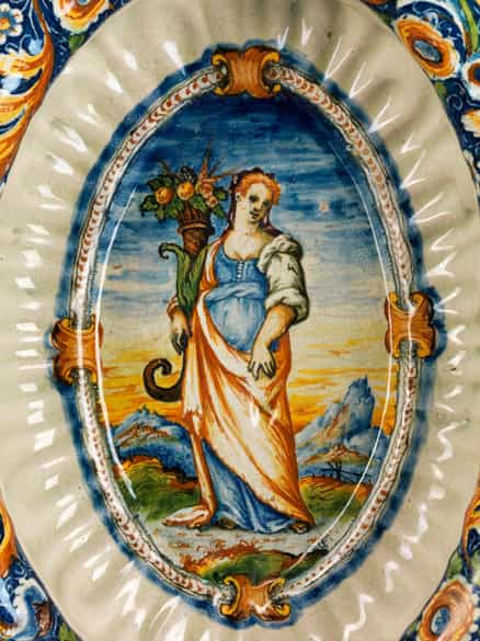 Detailabbildung:  Große, äußerst seltene Majolika-Erfrischungsschale, wohl aus der Werkstatt des Domenico da Venezia