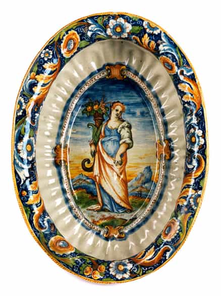 Detailabbildung:  Große, äußerst seltene Majolika-Erfrischungsschale, wohl aus der Werkstatt des Domenico da Venezia