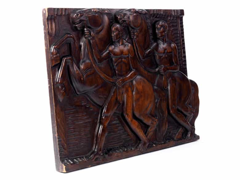 Detailabbildung: Großes Holzrelief mit Rossebändigern von William Ohly, 1883 - ?