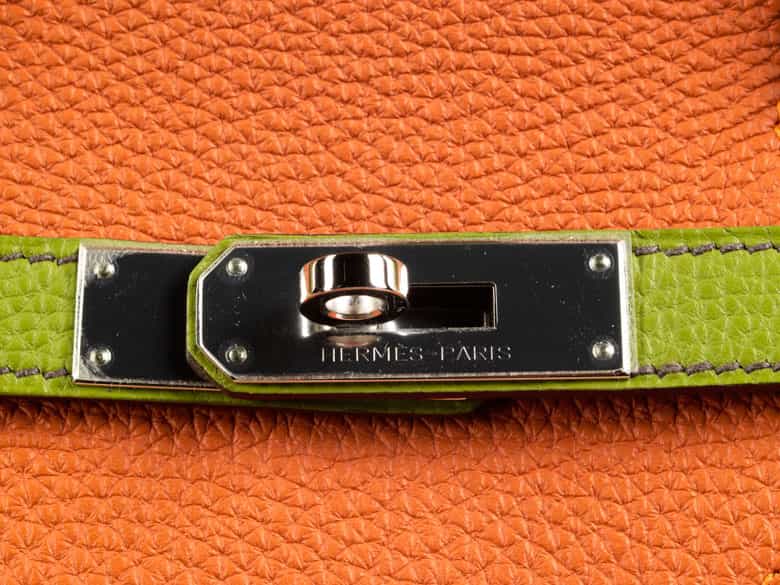 Detailabbildung: † Hermès Birkin Bag 40 cm Special Order Horseshoe Orange & Vert Anis 