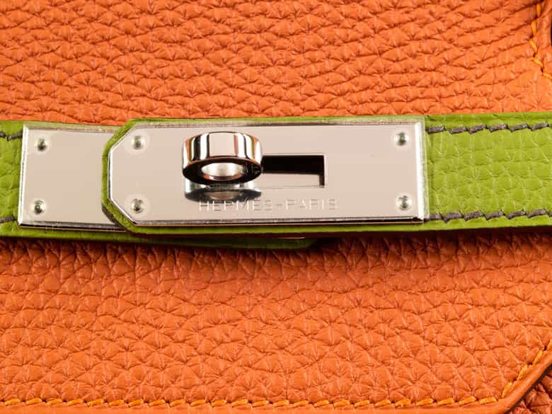 Detailabbildung: † Hermès Birkin Bag 40 cm Special Order Horseshoe Orange & Vert Anis 