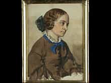 Aquarelliertes Bildnis eines junges Mädchens mit blauer Schleife
