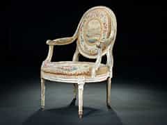  Gefasster Louis-XVI-Sessel mit originalem Aubusson-Bezug, signiert ”Menant”