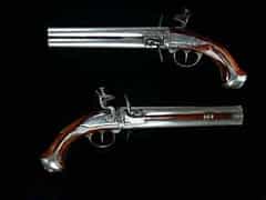 Seltenes Paar doppelläufige Steinschloss-Wender-Pistolen von Wallis, London