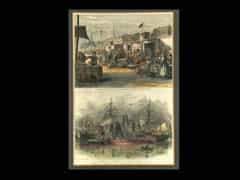 Kolorierte Holzstiche mit Darstellung von Hafenschiffen und Ladedocks mit Fässern im East