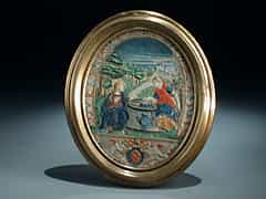 Ovale Präge-Reliefdarstellung von Jesus und der Samariterin am Brunnen