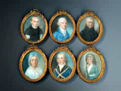 Satz von sechs oval-gerahmten Miniaturportraits in Pastell