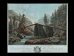 Kolorierter Landschaftsstich: “Vue d´un Pont sur La Lutschien“