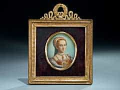 Ovales Miniaturportrait einer Dame nach älterem Vorbild der Renaissance-Malerei