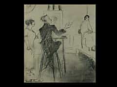 Kohlezeichnung mit Darstellung eines Malers an der Staffelei beim Portraitieren