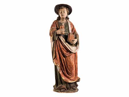 Schnitzfigur des Heiligen Damian, Schutzpatron der Ärzte und Apotheker