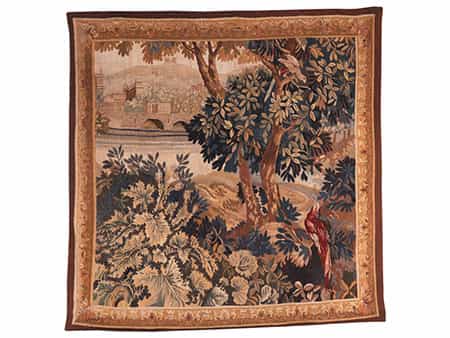 Bildteppich mit Landschaftsdarstellung und ornamentaler Bordüre