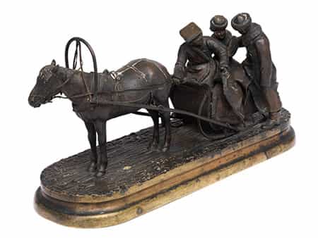 Bronzeskulptur „Beim Besteigen des Pferdeschlittens“