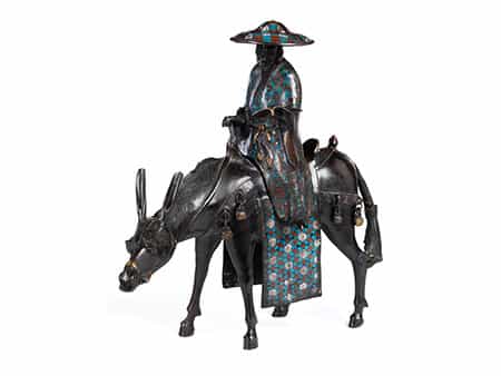 Chinesische Bronzefigur eines auf einem Esel reitenden Gelehrten