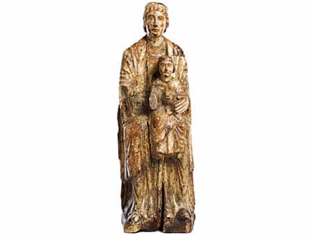 Frühgotische Schnitzfigur einer Madonna mit Jesuskind
