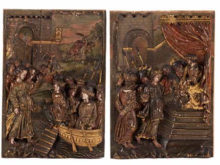 Paar Hochrelieftafeln mit der Darstellung der Heiligen Ursula von Köln