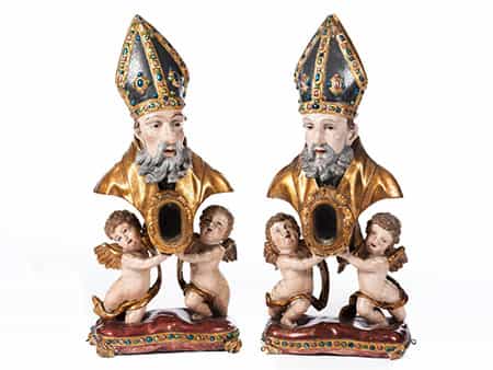 Paar große Reliquienbüsten heiliger Bischöfe