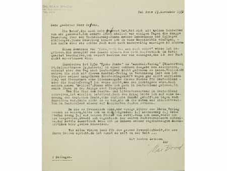 Max Brod: maschinengeschriebener Brief mit Unterschrift, an den Schriftsteller und Verleger Hanns Arens