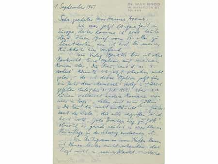 Max Brod: handschriftlicher Brief an den Schriftsteller und Verleger Hanns Arens mit Passagen über Franz Kafka und Stefan Zweig