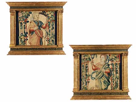 Paar gefasste und teilvergoldete Aedicularahmungen im Renaissance-Stil mit Gobelin-Tapisserieeinlagen