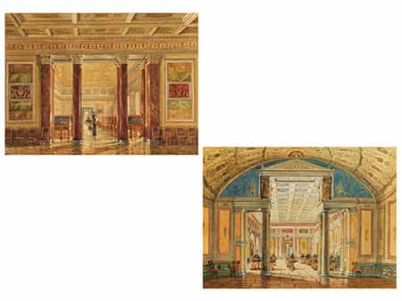 Paar Interieurdarstellungen von Räumen der Eremitage Sankt Petersburg