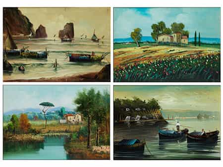 Konvolut von vier Gemälden zum Thema See und Haus