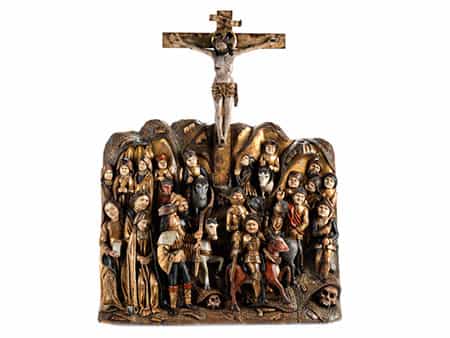 Große museale Schnitzfigurengruppe mit dem Kreuz Christi und Reiterdarstellungen