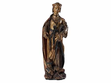 Lebensgroße museale Schnitzfigur der Heiligen Katharina