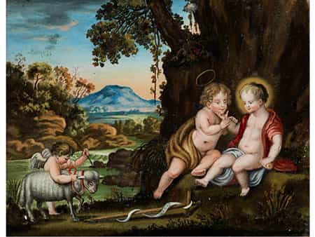 Hinterglasbild Jesus mit dem Johannesknaben und Lamm Gottes in einer Landschaft