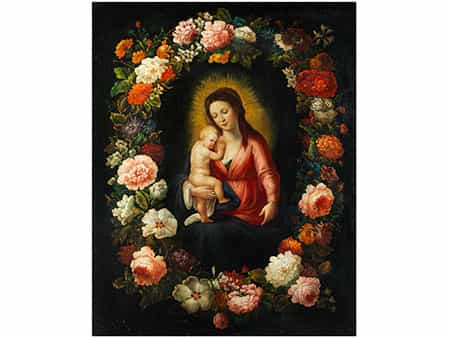 Madonna mit Kind in Blütenkranz