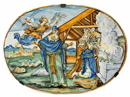 Ovale Castelli-Majolika-Platte mit Opferszene König Davids
