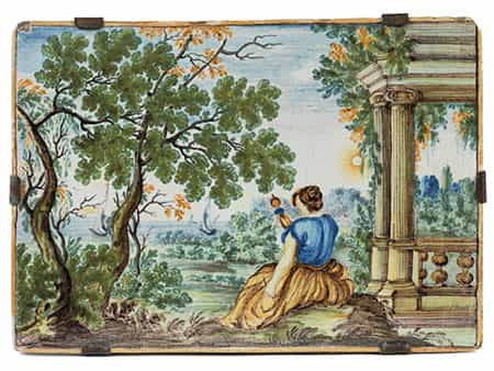 Castelli-Majolika-Platte mit Landschaftsdekor und junger Frau
