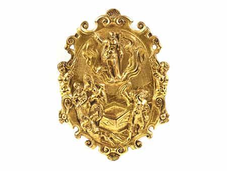 Ovale feuervergoldete Bronzeplakette mit Reliefdarstellung der Auferstehung Christi