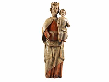 Große in Holz geschnitzte Figurengruppe der Maria mit dem Kind
